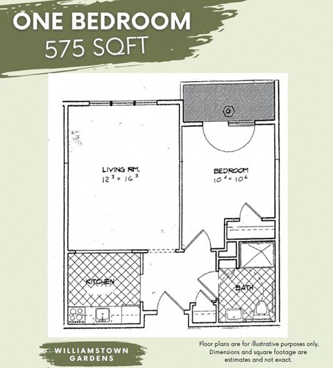 Floor plan for 1 bed, 1 bath, 575 sqft